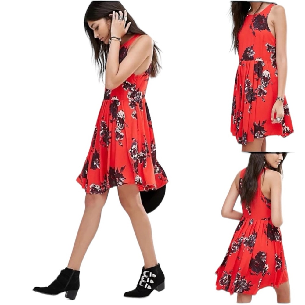 FREE PEOPLE | Flutterby Cherry Red Floral Pleated High-Neck Mini Dress, Size 2 - Picture 4 of 4